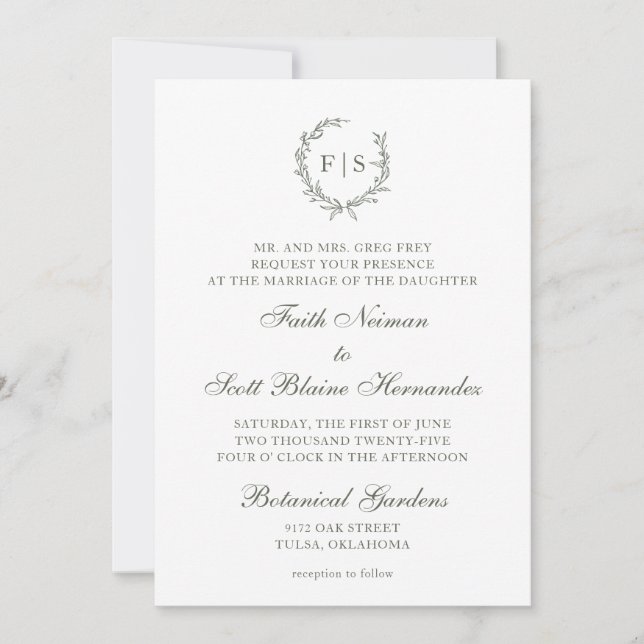 Traditional Sage Green Wreath Wedding Invitation (Front)
