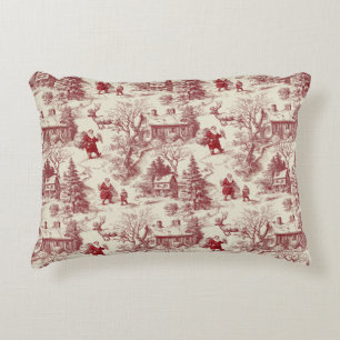 Traditional Santa Claus Red on Cream Toile De Jouy Accent Pillow