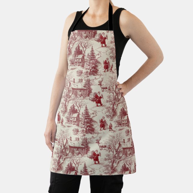 Traditional Santa Claus Red on Cream Toile De Jouy Apron (Insitu)