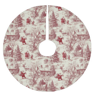 Traditional Santa Claus Red on Cream Toile De Jouy Brushed Polyester Tree Skirt