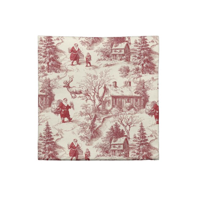 Traditional Santa Claus Red on Cream Toile De Jouy Cloth Napkin (Quarter Fold)