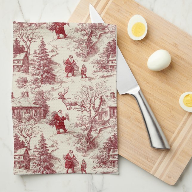 Traditional Santa Claus Red on Cream Toile De Jouy Kitchen Towel (Quarter Fold)