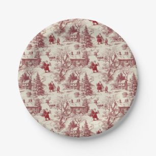Traditional Santa Claus Red on Cream Toile De Jouy Paper Plates