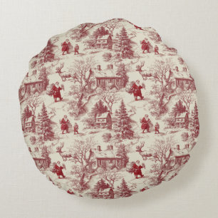 Traditional Santa Claus Red on Cream Toile De Jouy Round Pillow
