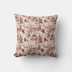 Traditional Santa Claus Red on Cream Toile De Jouy Throw Pillow