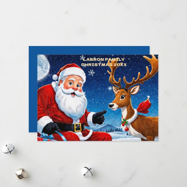 Traditional Santa with His Reindeer  Personalized Holiday Card (Front/Back In Situ)