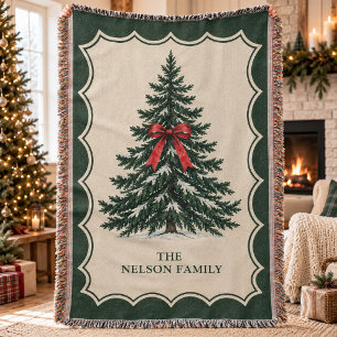 Traditional Scalloped Border Nostalgic Pine Tree Throw Blanket