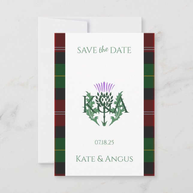Traditional Scottish Tartan Border and Thistle Save The Date (Front)