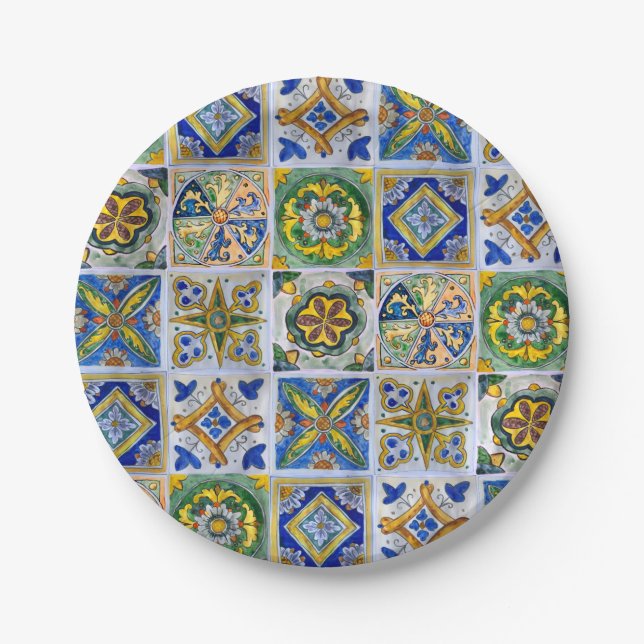 Traditional Sicilian Ceramic Tile pattern Paper Plates (Front)