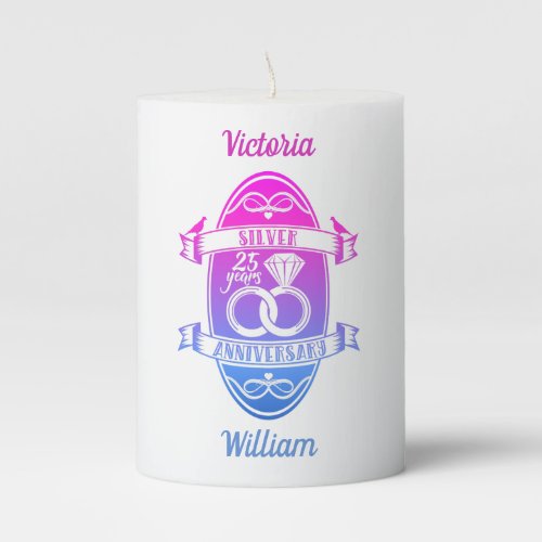 Traditional silver 25th  wedding anniversary pillar candle