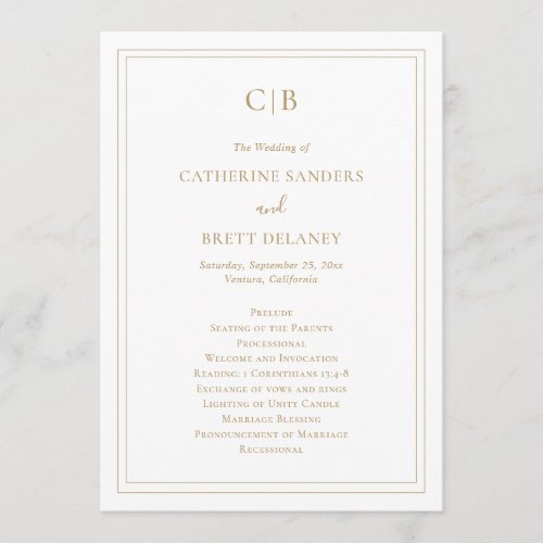 Traditional Simple Monogram Elegant Gold Wedding Program