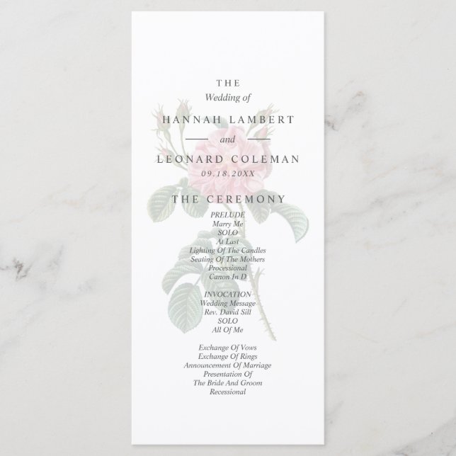Traditional Single Rose Wedding Program (Front)