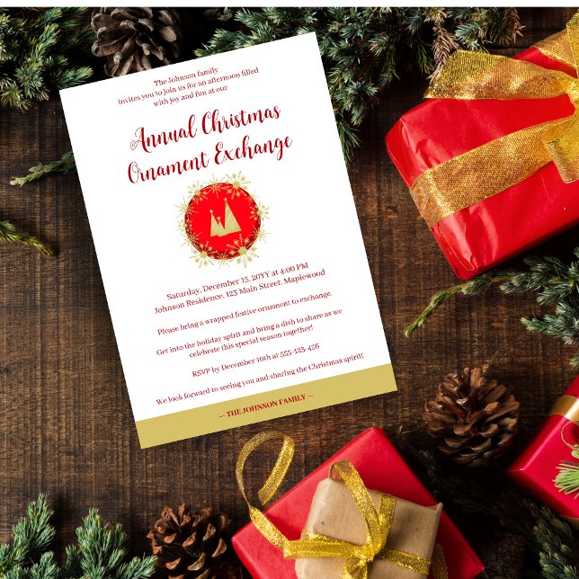 Traditional Snowflakes Christmas Ornament Exchange Invitation (Traditional Snowflakes Christmas Tree Ornament in Red and Fake Golden Invitation.)