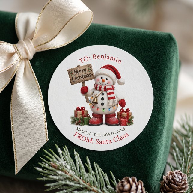 Traditional Snowman North Pole Santa Gift Classic Round Sticker (Creator Uploaded)
