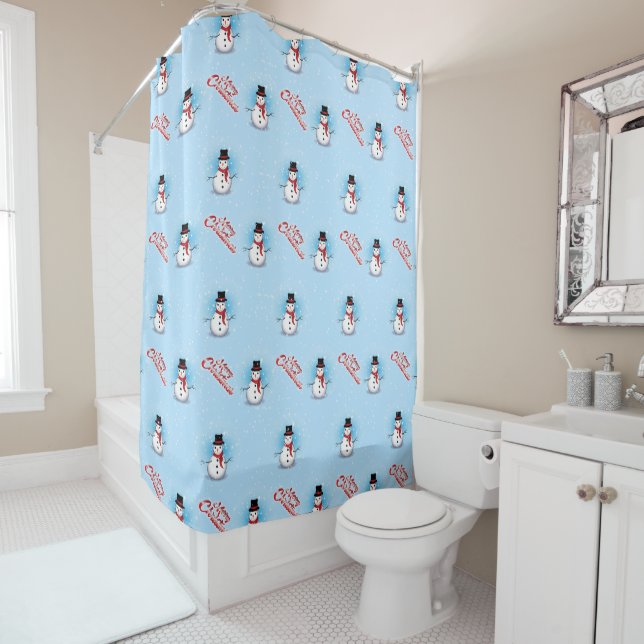 Traditional Snowman with Merry Christmas on BLUE Shower Curtain (In Situ)