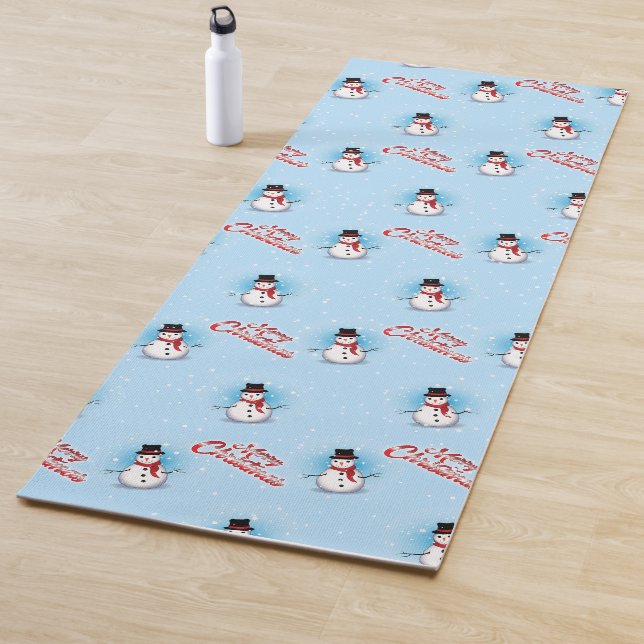Traditional Snowman with Merry Christmas on BLUE Yoga Mat (In Situ)