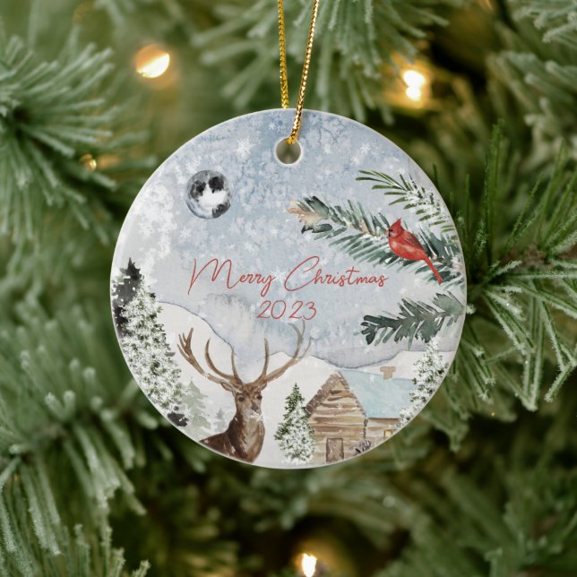 Traditional Snowy Winter Wonderland Deer Cardinal Ceramic Ornament (Tree)