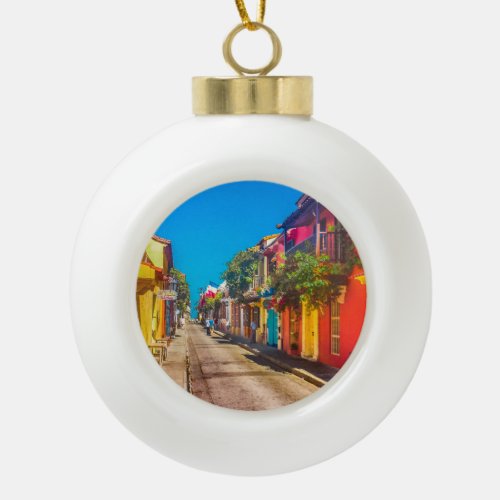 Traditional Street in Cartagena Colombia Ceramic Ball Christmas Ornament