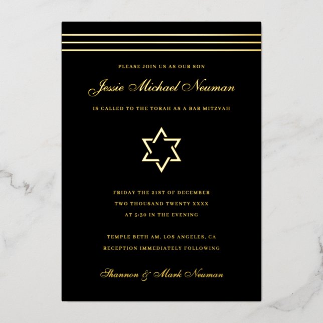 Traditional stripe Bar Mitzvah Star of David Gold  Foil Invitation (Front)