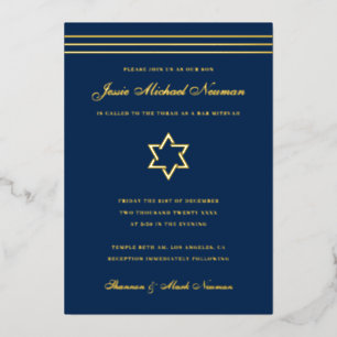 Traditional stripe Bar Mitzvah Star of David Gold Foil Invitation