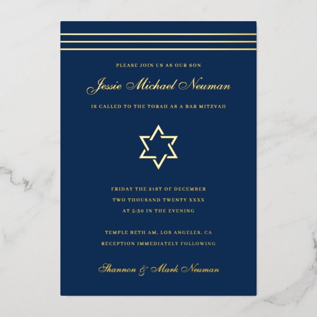 Traditional stripe Bar Mitzvah Star of David Gold Foil Invitation (Front)
