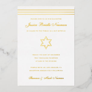 Traditional stripe Bat Mitzvah Star of David Gold  Foil Invitation