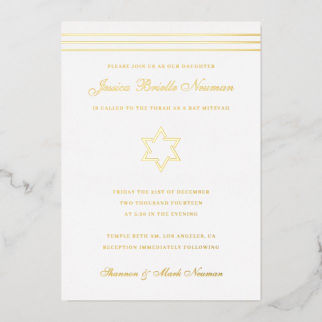 Traditional stripe Bat Mitzvah Star of David Gold  Foil Invitation (Front)