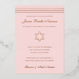 Traditional stripe Bat Mitzvah Star of David Rose Foil Invitation