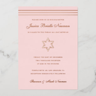 Traditional stripe Bat Mitzvah Star of David Rose Foil Invitation