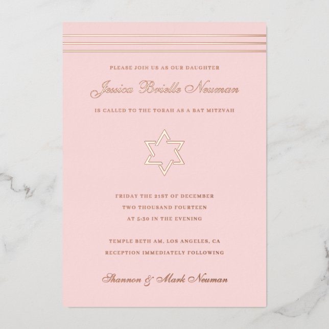 Traditional stripe Bat Mitzvah Star of David Rose Foil Invitation (Front)