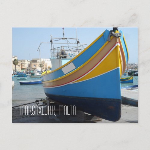 Traditional Striped Fishing Boat Marsaxlokk Malta Postcard