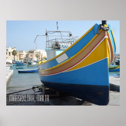 Traditional Striped Fishing Boat Marsaxlokk Malta Poster