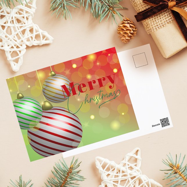 Traditional Striped Ornaments Merry Christmas Holiday Postcard (Creator Uploaded)