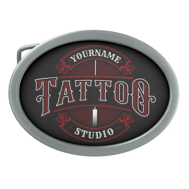 Traditional Style ADD NAME Tattoo Studio Shop Belt Buckle (Front)