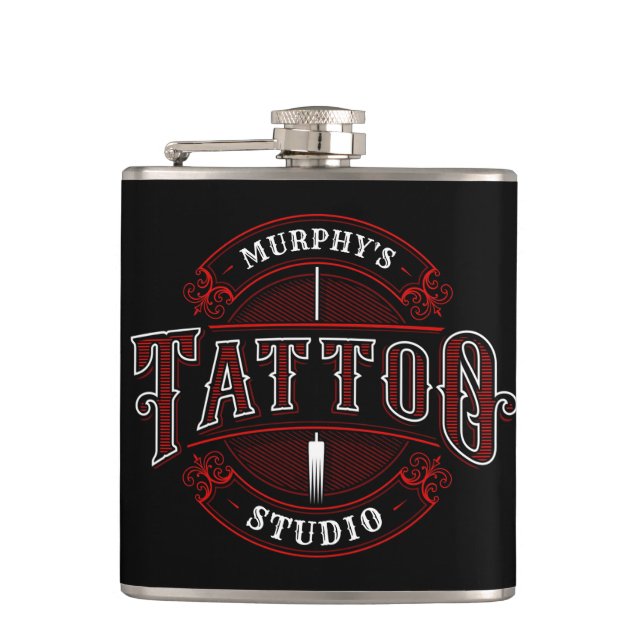 Traditional Style ADD NAME Tattoo Studio Shop Flask (Front)