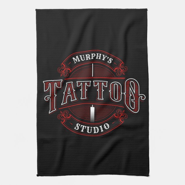 Traditional Style ADD NAME Tattoo Studio Shop Kitchen Towel (Vertical)