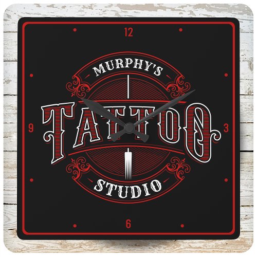 Traditional Style ADD NAME Tattoo Studio Shop Square Wall Clock