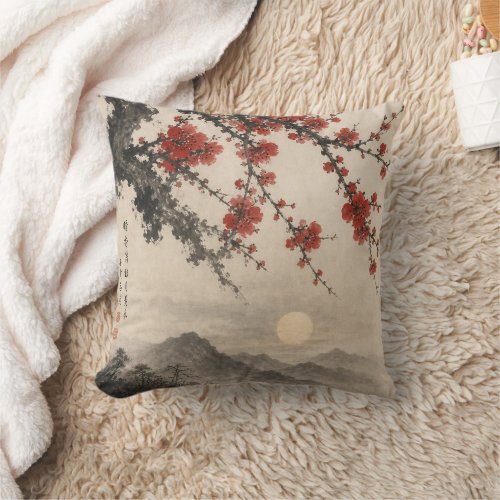 Traditional Sumi-e Ink Wash Art Throw Pillow