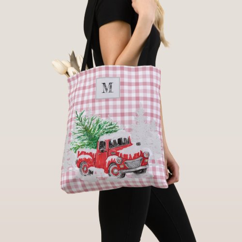 Traditional tartan plaid monogram red truck pink tote bag