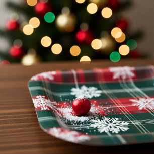 Traditional Tartan Snowflakes Red Green Christmas Paper Plates