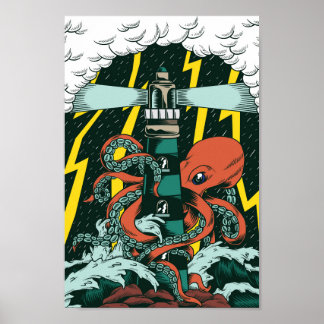 Traditional Tattoo Style Octopus and Lighthouse Poster
