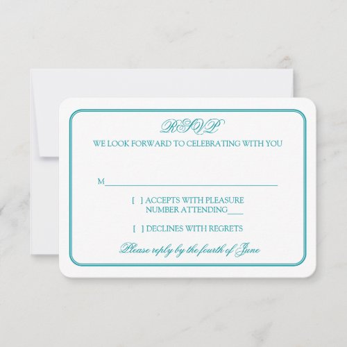 Traditional Teal and White Wedding RSVP Reply Card