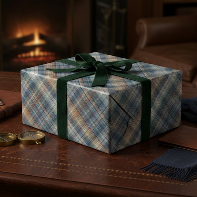 Traditional Teal Blue Beige Tan Taupe Brown Tartan Wrapping Paper (Creator Uploaded)