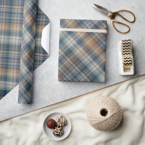 Traditional Teal Blue Beige Tan Taupe Brown Tartan Wrapping Paper
