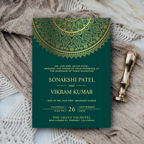 Traditional Teal Gold Mandala Indian Wedding Invitation