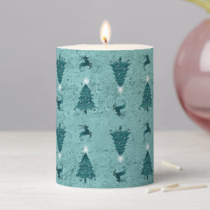 Traditional Teal Green Christmas Trees & Reindeer Pillar Candle