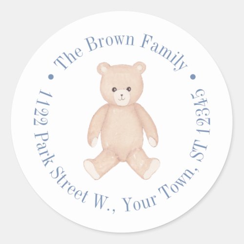 Traditional Teddy Bear Baby Shower Return Address Classic Round Sticker