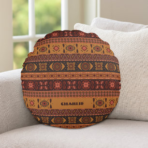 Traditional Terracotta Ethnic Tribal Boho Pattern Round Pillow
