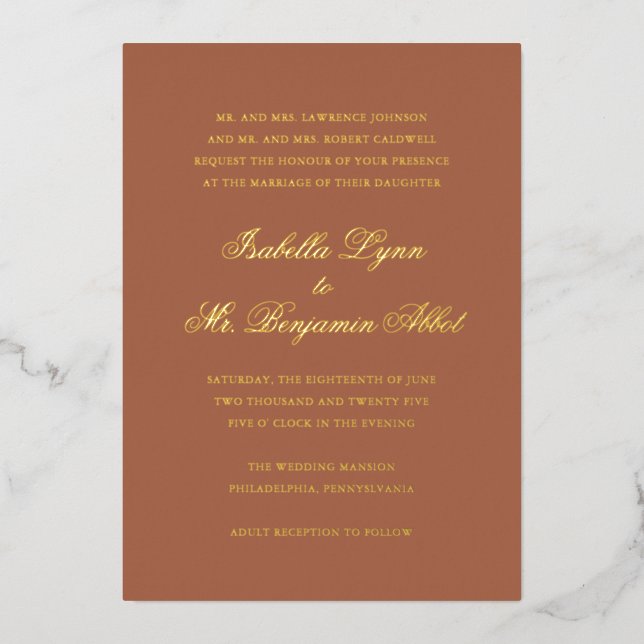 Traditional Terracotta Formal Elegant Wedding Foil Invitation (Front)