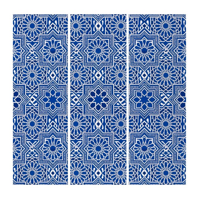 Traditional Tile Geometric Pattern in Blue Triptych (Front)